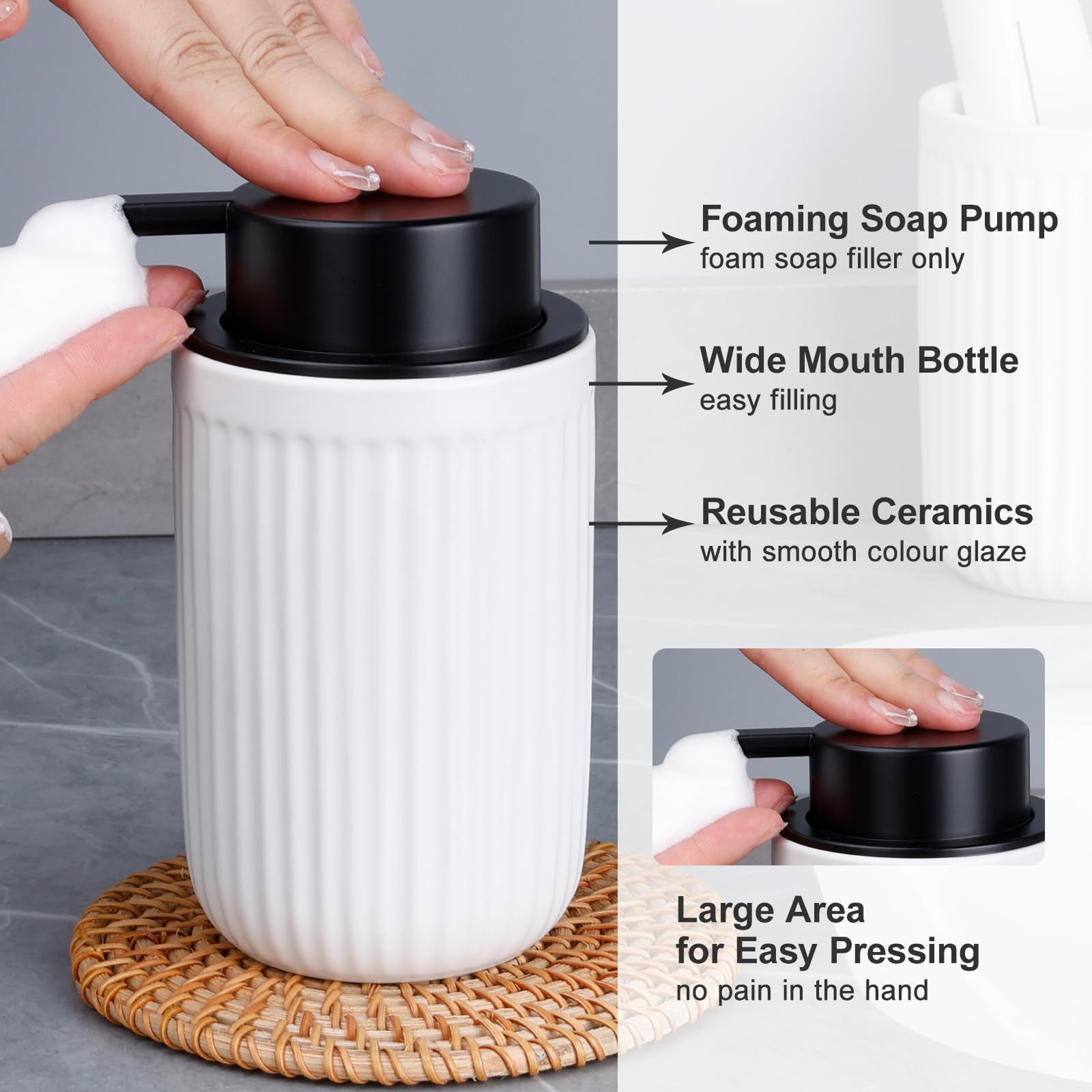 Bosilunlife Foam Hand Soap Dispenser - White Ceramic Foaming Soap Dispenser For Bathroom 12Oz Refillable Liquid Lotion Soap Disp